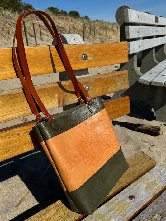 Two Tone Tote With Coordinated Straps and Interior Pocket Using Natural and green Minerva Box Leather
