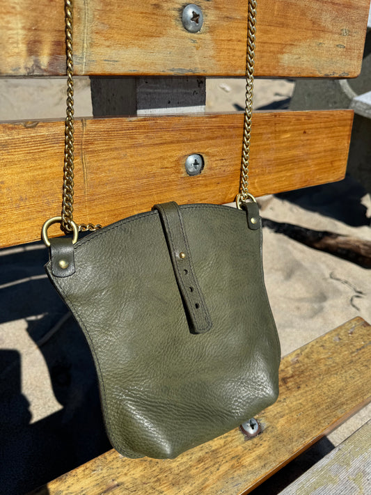 Crossbody Bag with Two-Position Solid Brass Chain Strap and Stud Closure in Green Badalassi Minerva Box